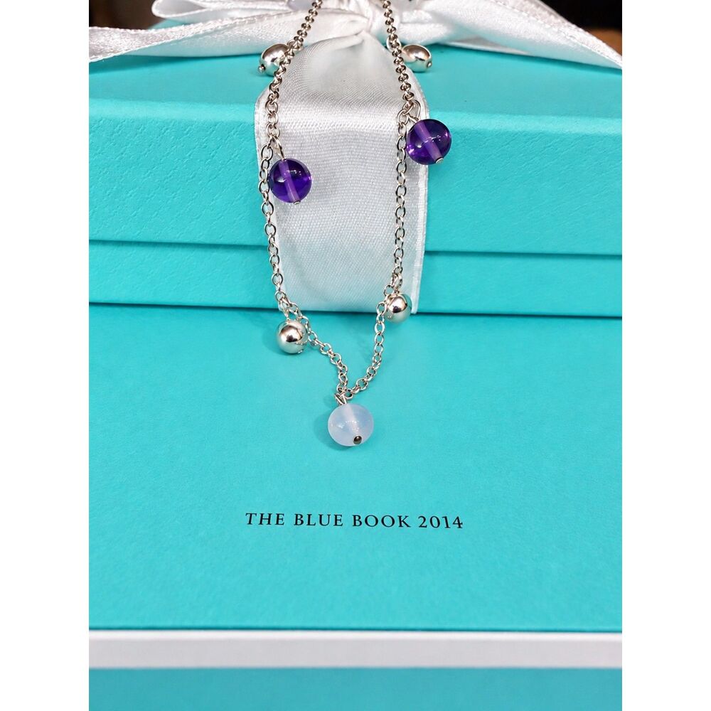 Tiffany & Co. Amethyst Chalcedony Silver Dangle Drop Beaded Necklace